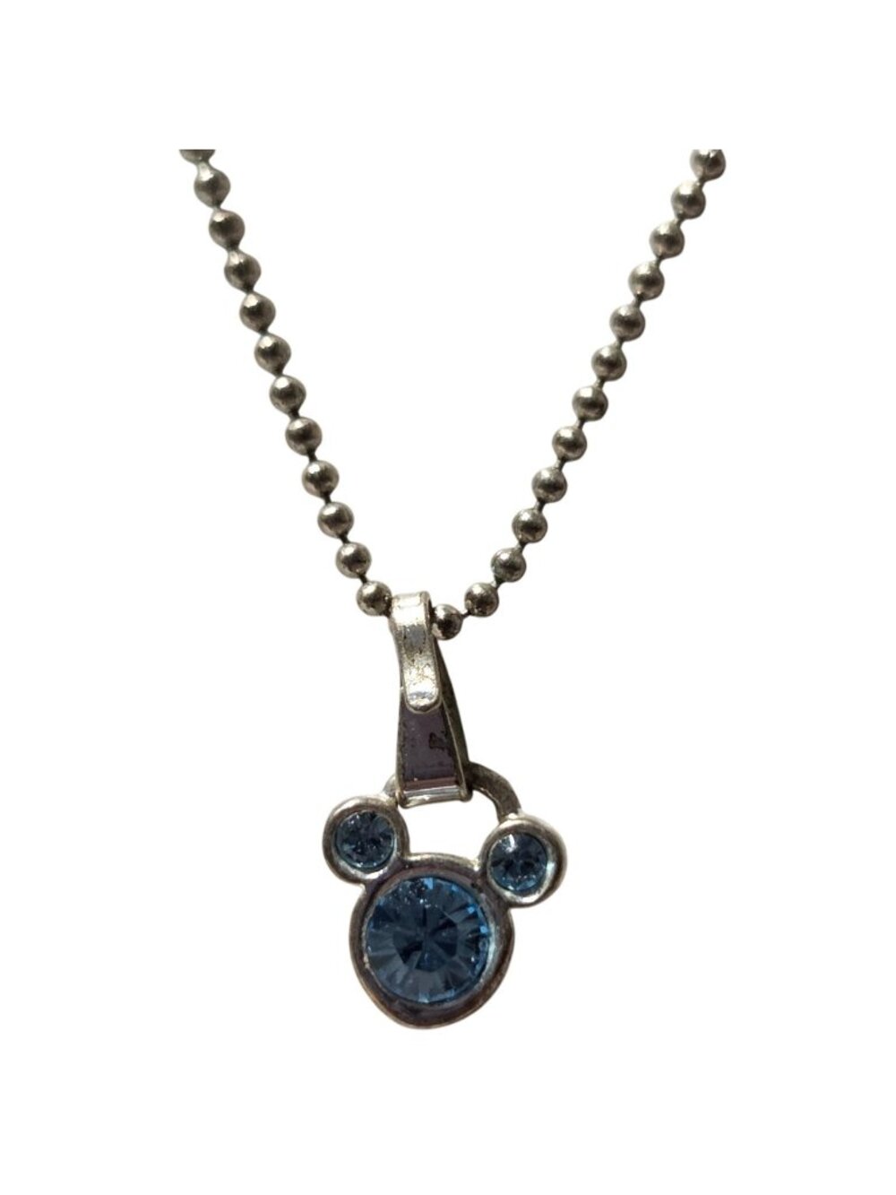 Vintage Disney Mickey Mouse Ears Pendant Necklace Blue Crystals Ball Chain